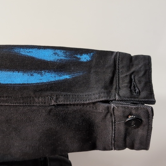 DNA, Hand-painted Black Distressed Women's Denim Jacket with Blue Accents,Size S - Picture 8 of 15